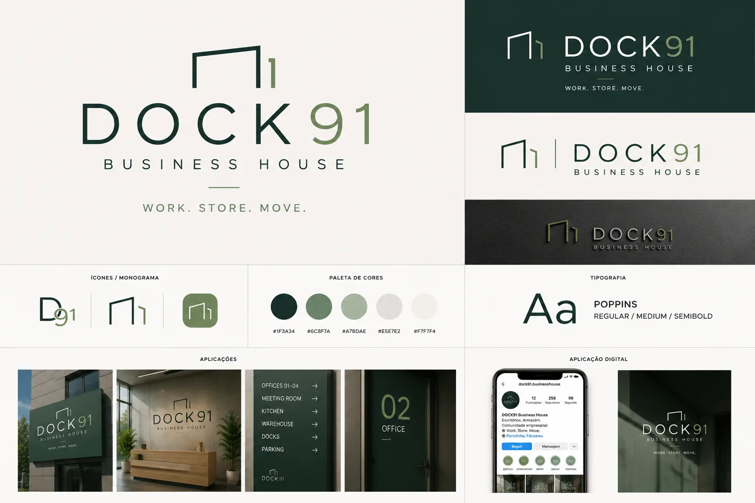 Prancha de identidade visual DOCK91: logótipo, monograma, paleta de cores, tipografia Poppins e aplicações em sinalética